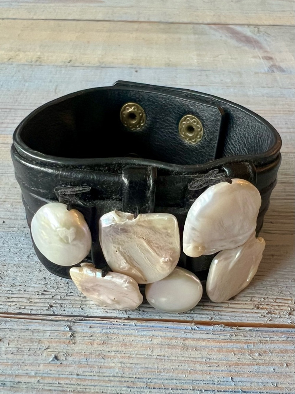Handcrafted Black Leather Bracelet Genuine Button Pearls Statement Cuff